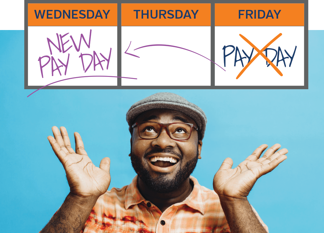 Excited man with calendar showing early payday.