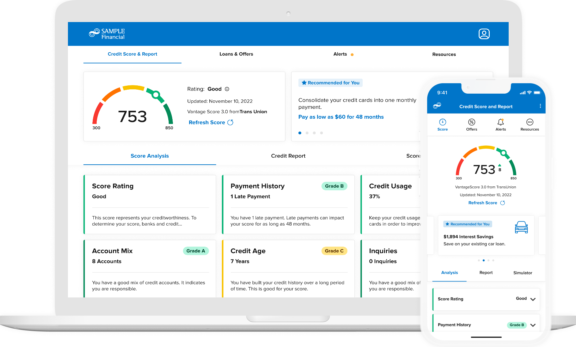 Laptop and smartphone showing Credit Score information.