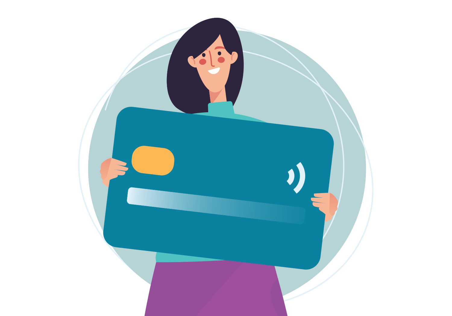 Vector illustration depicting a woman holding a debit card