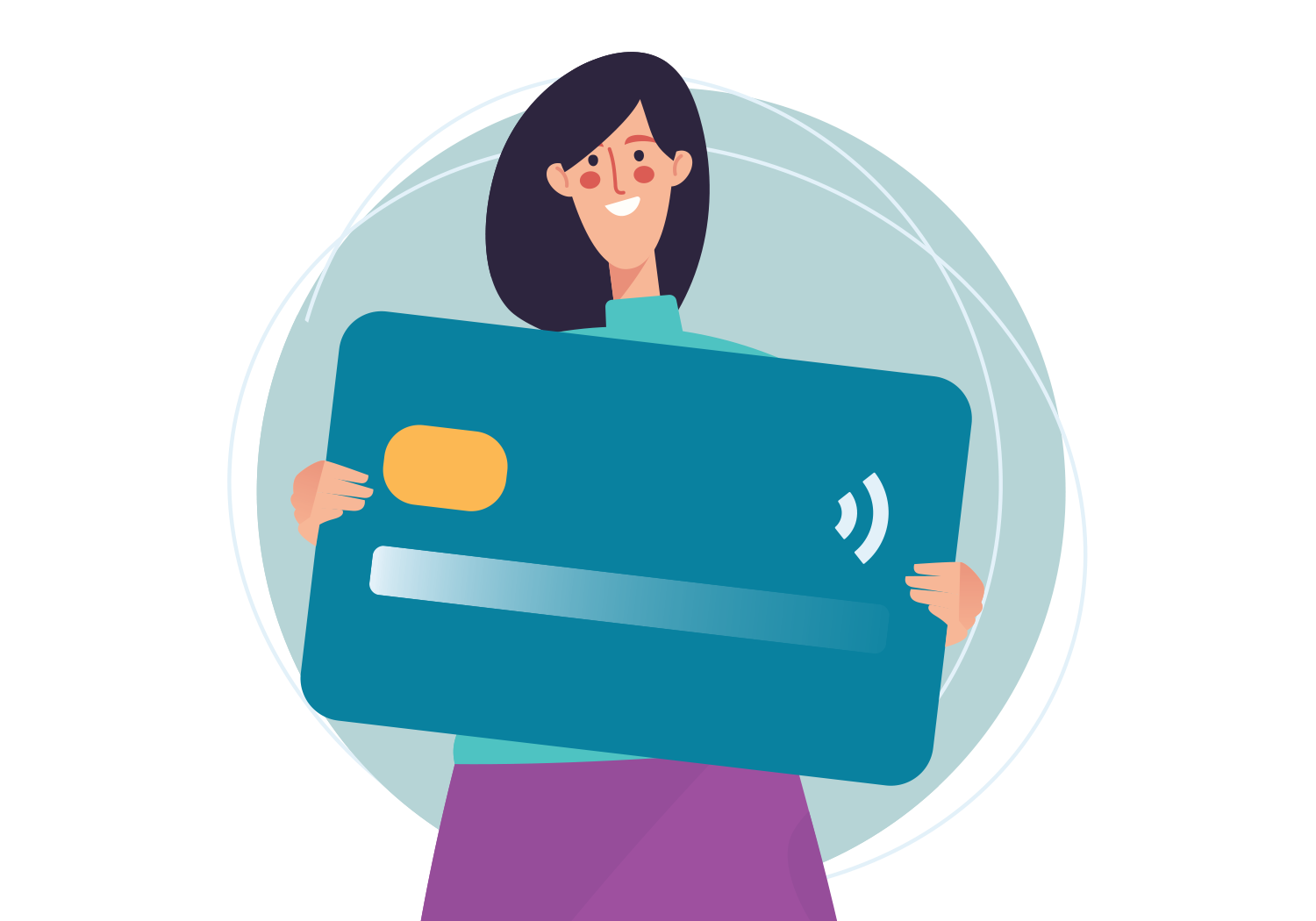 RoundUpFeature Vector illustration depicting a woman holding a debit card