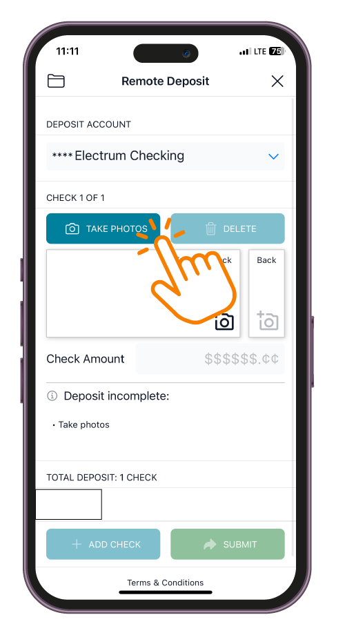 Smartphone screen showing a Remote Deposit app with a check upload form; an illustrated hand taps “Take Photos,” highlighting mobile check deposit.