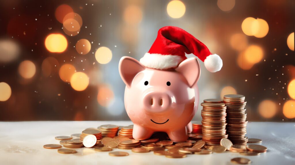 A piggy bank wearing a Santa hat, surrounded by coins, symbolizing a Christmas club savings account.