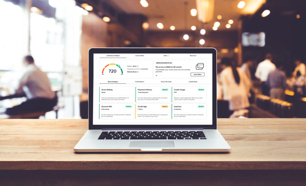 A person checking their credit score on a laptop using credit score by Savvy Money to learn more about their credit score and credit report.