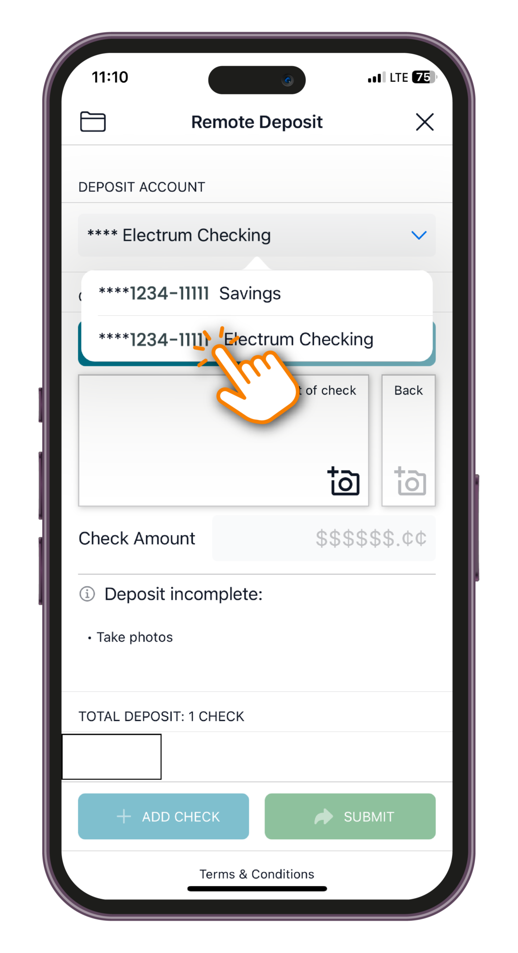 Tap to select your deposit account.