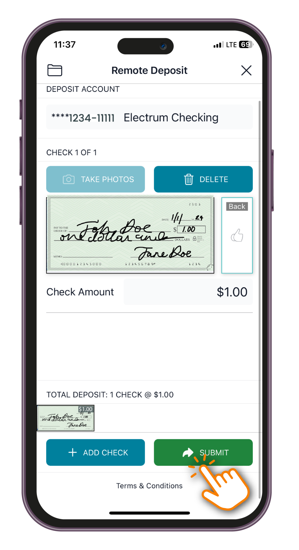 Tap “Submit” to deposit your check(s).