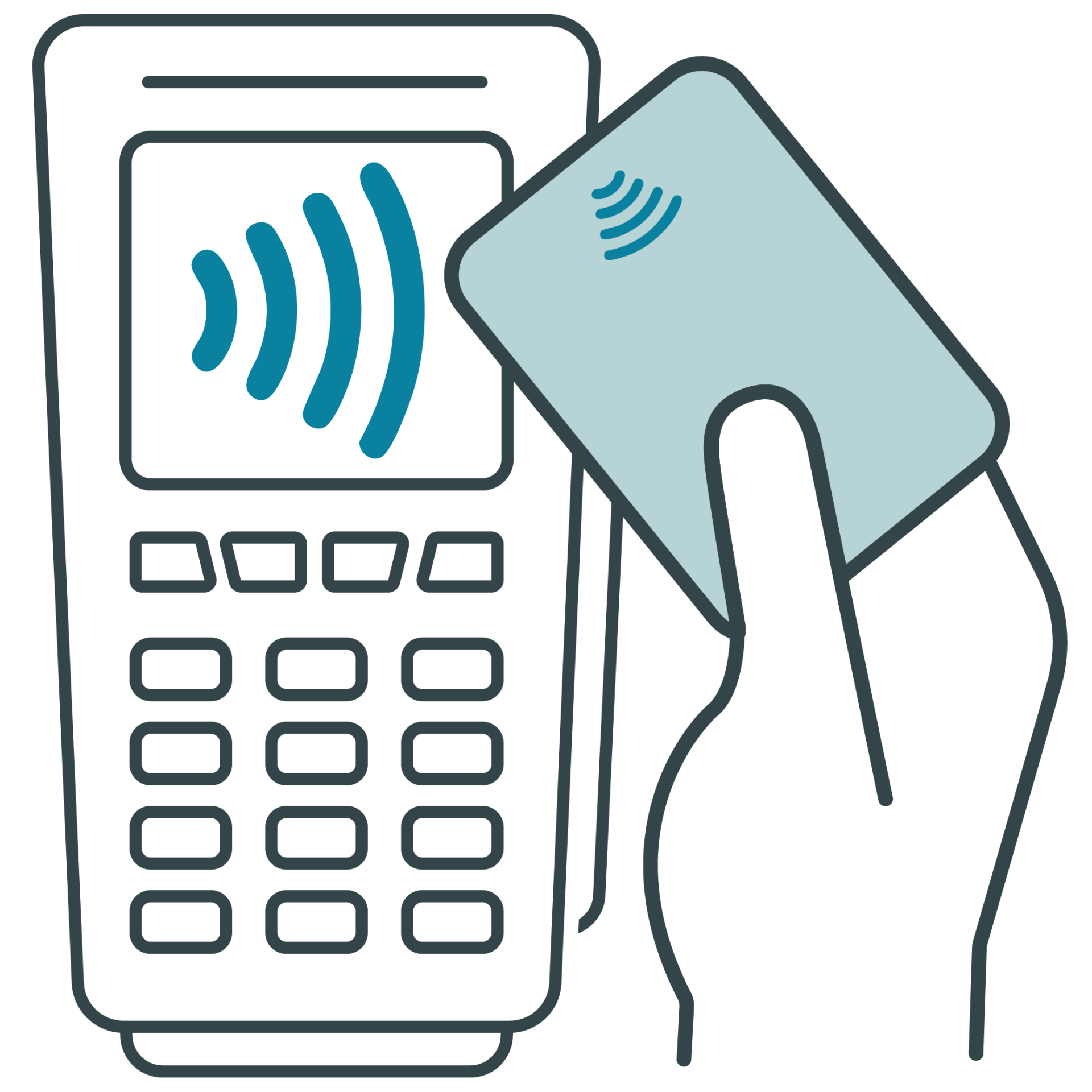Illustration of a credit card payment with a hand tapping a card on a payment terminal.