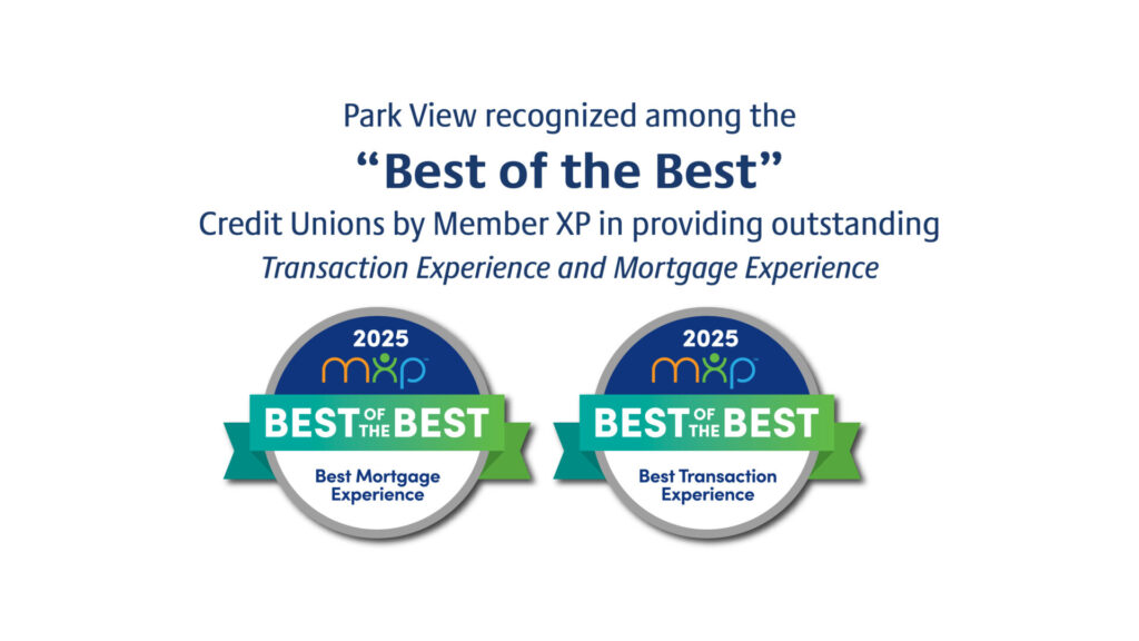 Two emblems with "Best of the Best" printed on it, celebrating Park View's accomplishment of being awarded Best of the Best in Mortgage Experience and Transaction Experience by MemberXP.