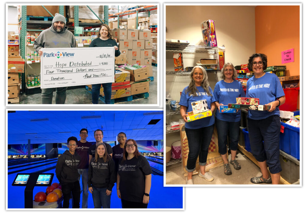 A group of people in creative costumes pose cheerfully in an office. Nearby, two pairs of coworkers share food and ice cream, smiling warmly, representing community support and giving back.