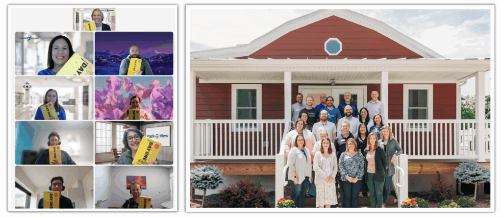 Image showing Park View team members in a virtual meeting collage alongside a group standing outside a red building, representing employee collaboration, training, and company culture.