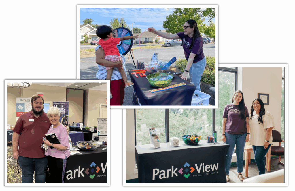 A collage of three images shows friendly interactions at community events by Park View Federal Credit Union. Top: A woman hands a prize to a child beside a spinning wheel. Bottom left: A man in an employee shirt poses indoors with an elderly woman. Bottom right: Two women stand smiling behind a promotional table. The setting is warm and inviting.
