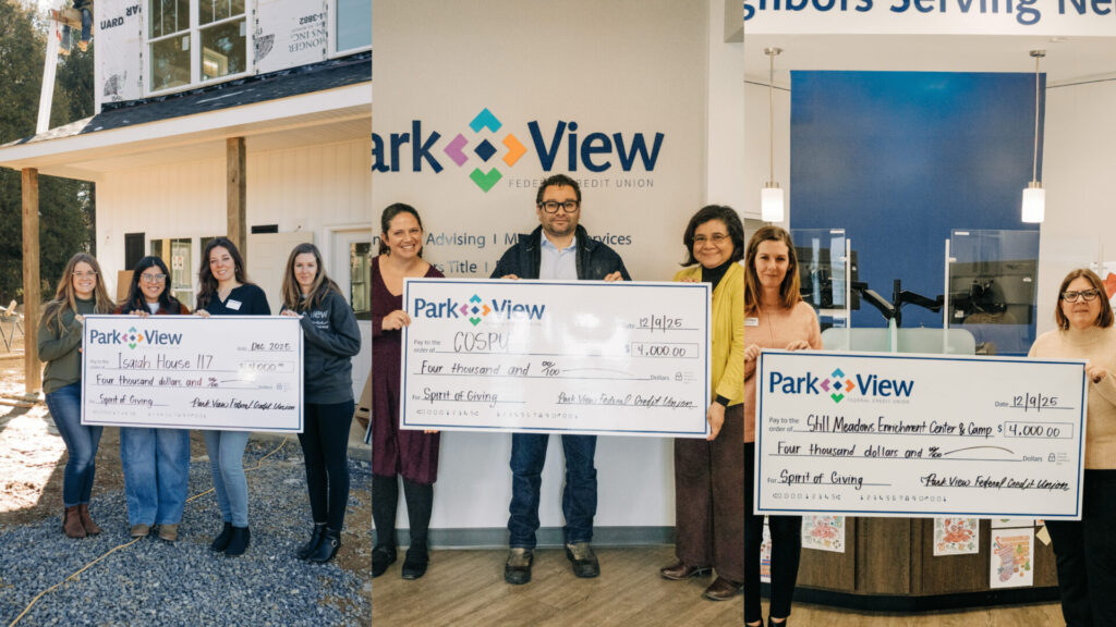 A collage of 3 pictures with employees from Park View holding checks.