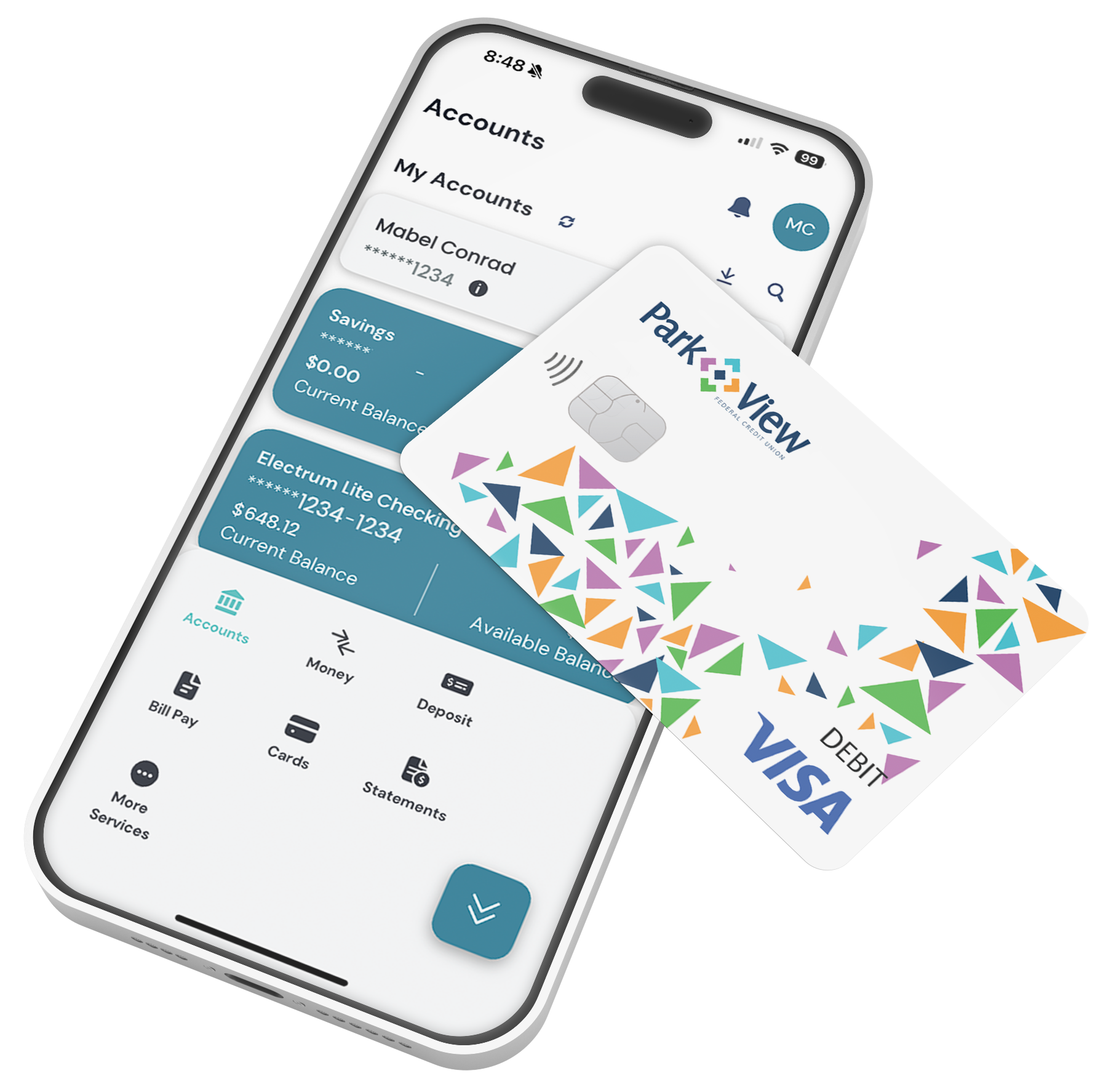 Park View mobile banking app on a mobile device, featuring quick access to payment features and account balance with a Park View Debit Card.