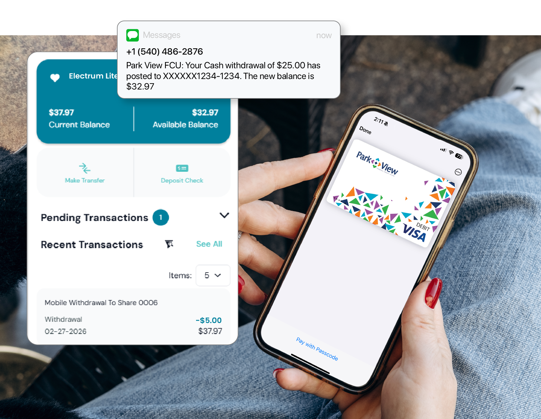 Mobile app interface showcasing online banking features and Park View Federal Credit Union integration.