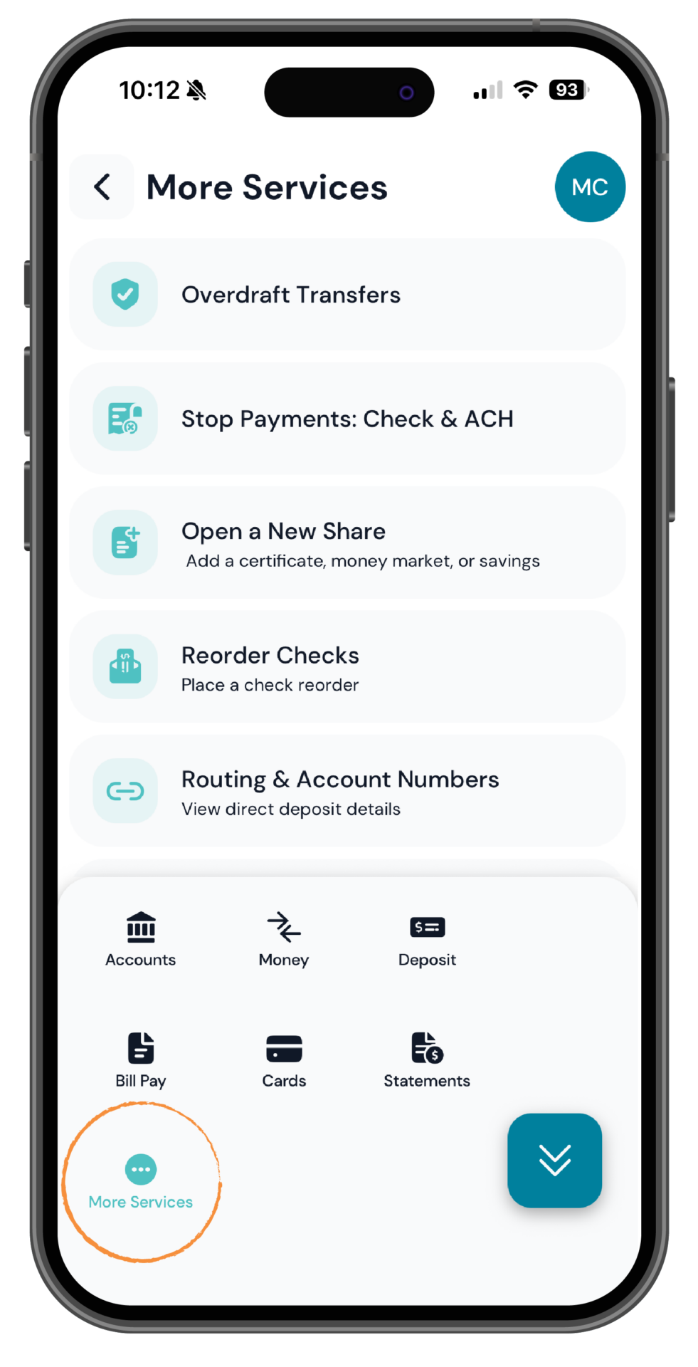 Park View Mobile App interface highlighting the menu,