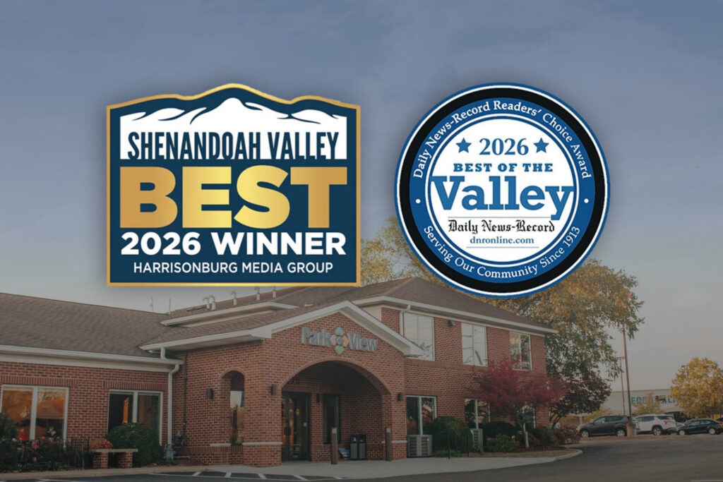 Two badges stating "Shenandoah Valley Best 2026 Winner" and "2026 Best of the Valley" are overlaid on a photo of a brick building with a Park View sign above the entrance.
