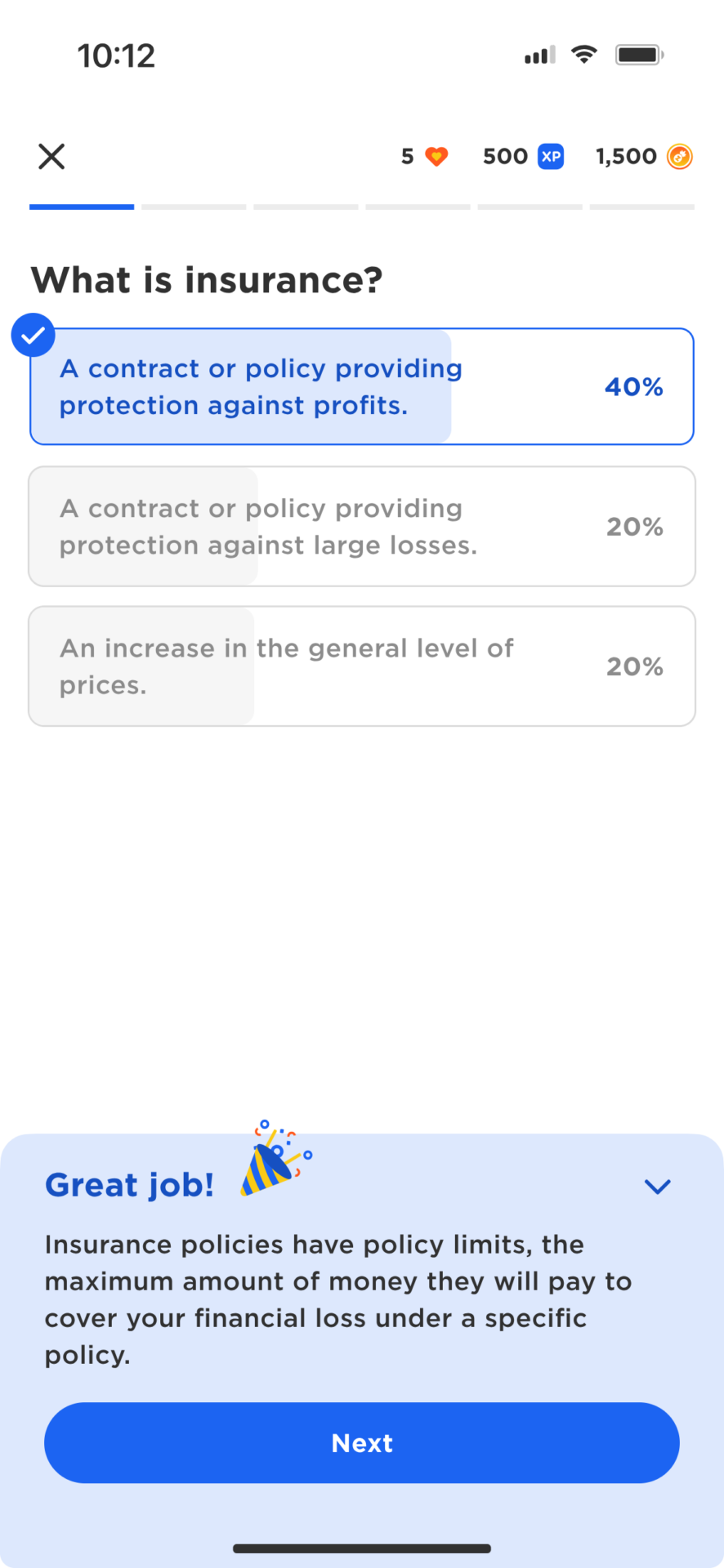 A multiple-choice quiz question about insurance—featured in ZOGO’s interactive platform for learning about money—shows the correct answer, “A contract or policy providing protection against profits,” selected and highlighted at 40%.