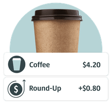 Illustration of a takeaway coffee cup above a payment summary showing Coffee $4.20 and Round-Up +$0.80, suggesting easy saving.