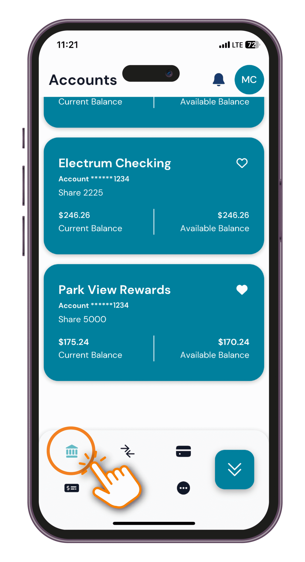 Mobile banking app shows checking and rewards account balances in teal cards, with a hand tapping the bottom "Deposit" navigation icon menu item; clean, modern design.