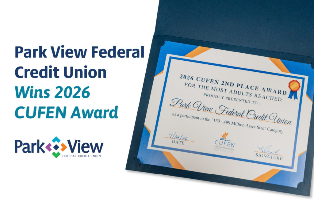 Graphic announces Park View Federal Credit Union winning the 2026 CUFEN Award, alongside a framed second-place award certificate.