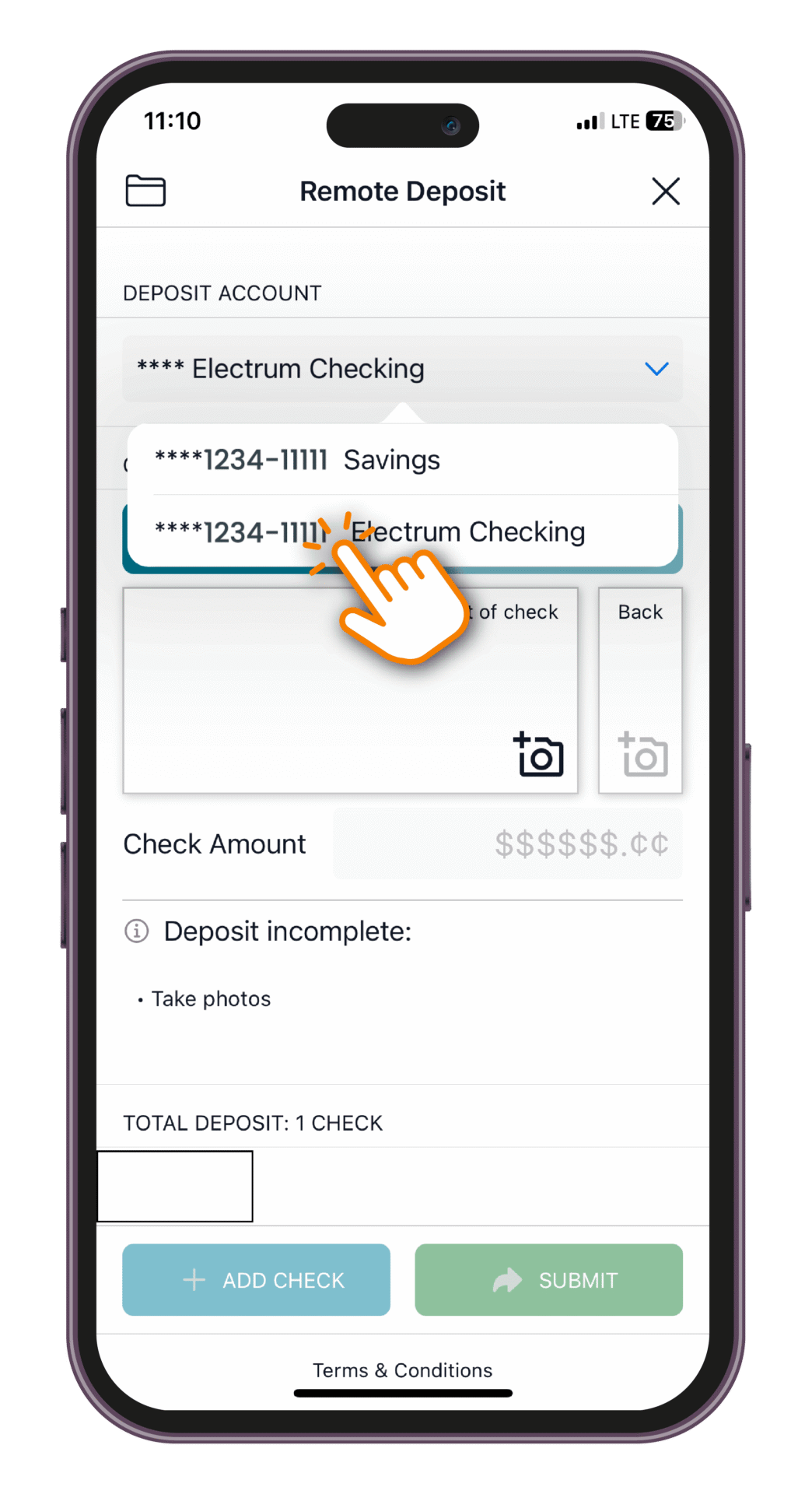Mobile banking “Remote Deposit” screen with account dropdown open, hand cursor selecting a checking account, and check deposit form below.