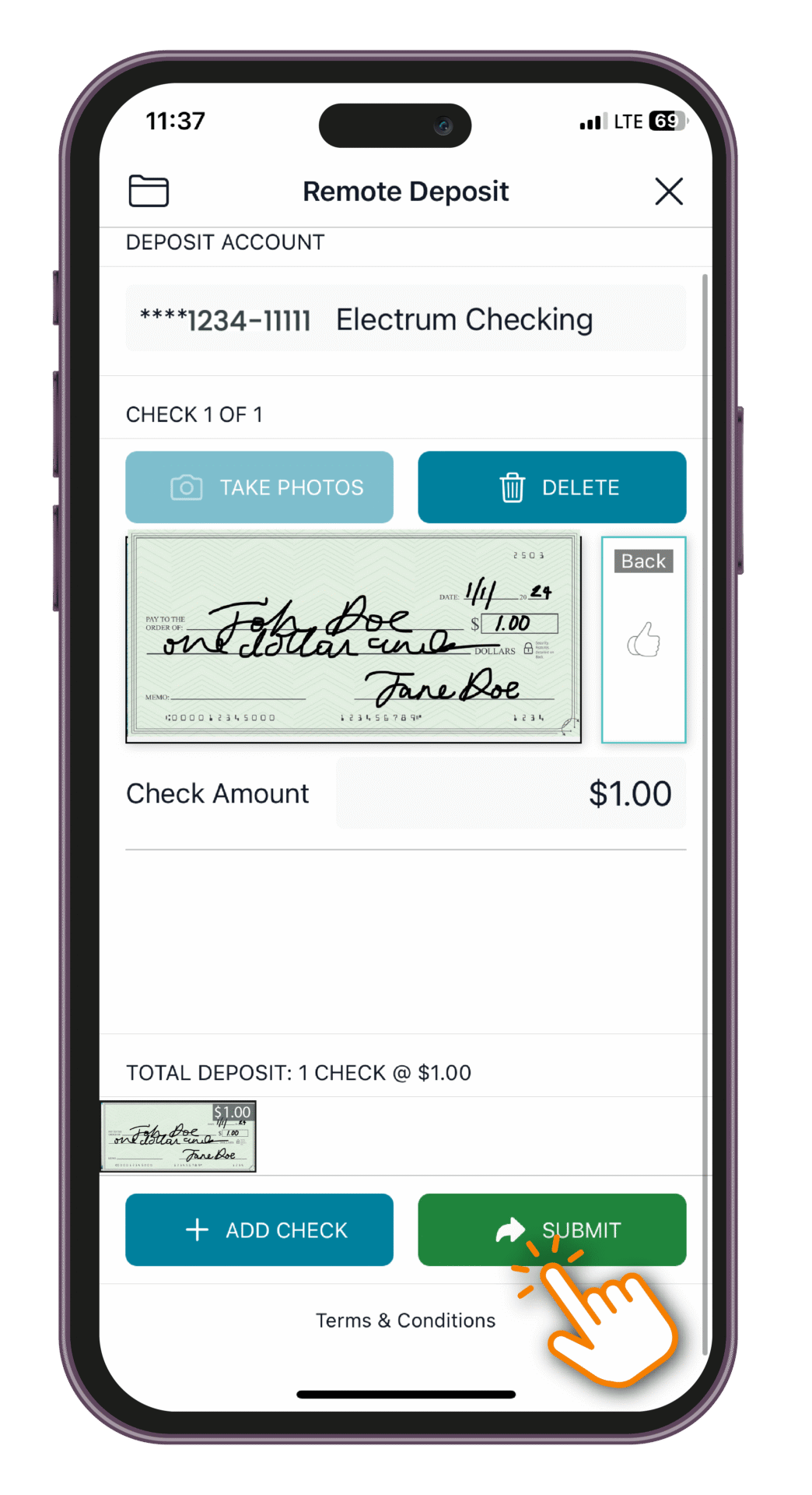 Mobile banking remote deposit screen showing a photographed $1 check, checking account details, deposit total, and showing a hand icon clicking the green Submit button.