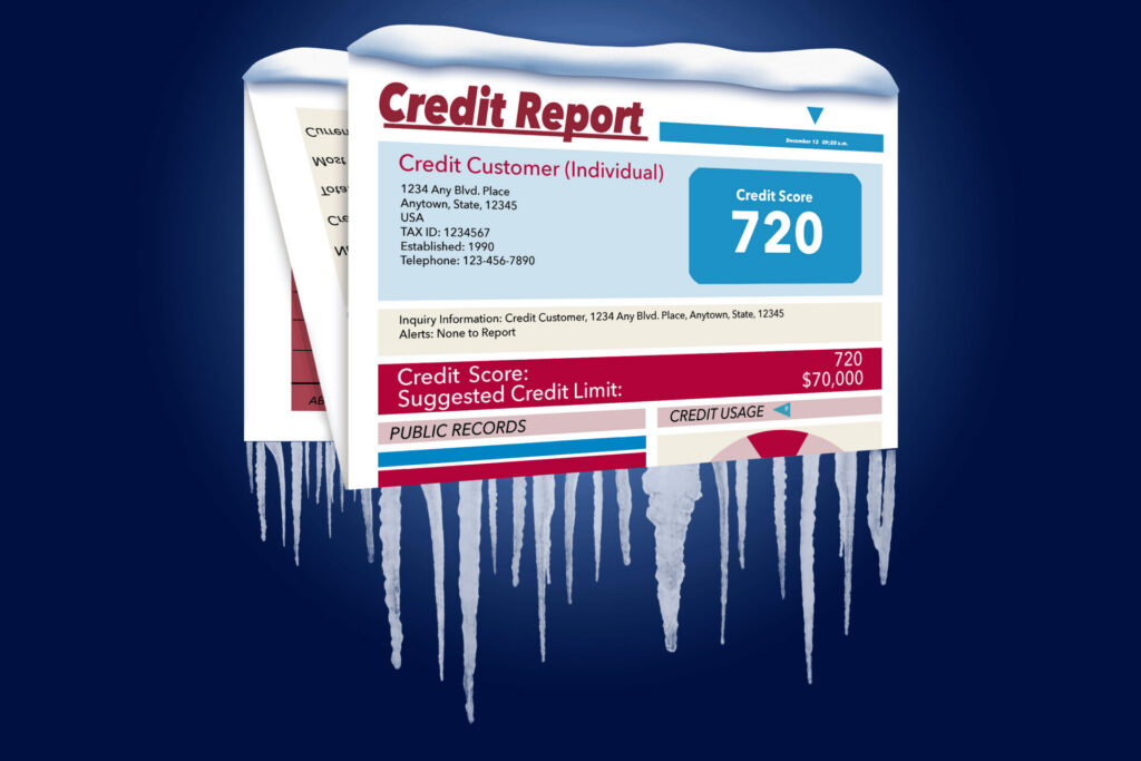 An icy, snow covered credit report in a snowstorm illustrates the idea of freezing your credit report. This is a credit freeze
