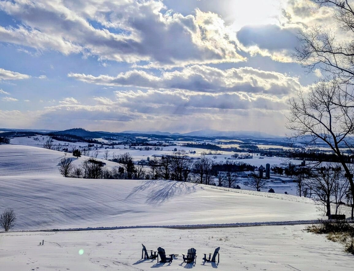 Snowy landscape with empty chairs under a clear blue sky, creating a serene winter scene.