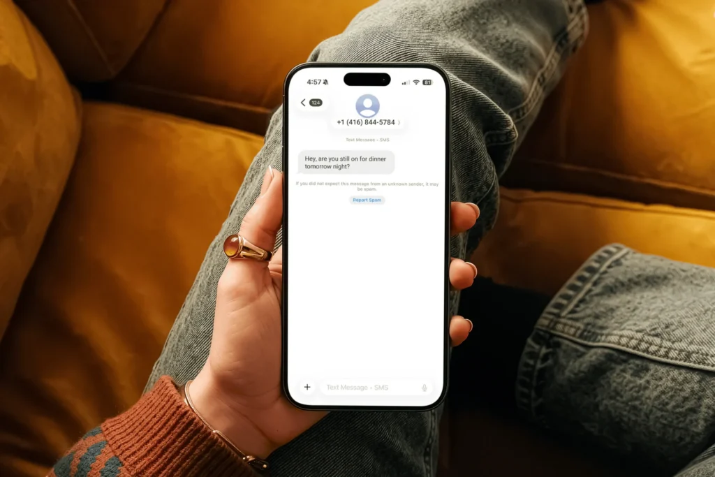 A person holding a smartphone displaying a wrong-number text message from an unknown sender asking about dinner plans that could be a scam.