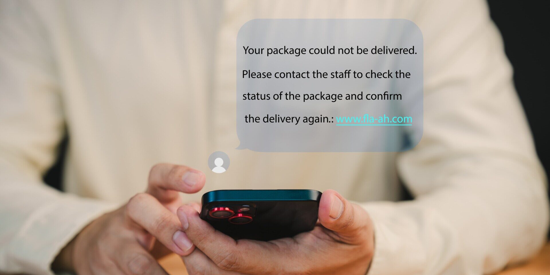 Person holds a smartphone displaying a notification about a failed package delivery. This message user to contact support and confirm delivery. Fake Text message SMS scam or phishing concept
