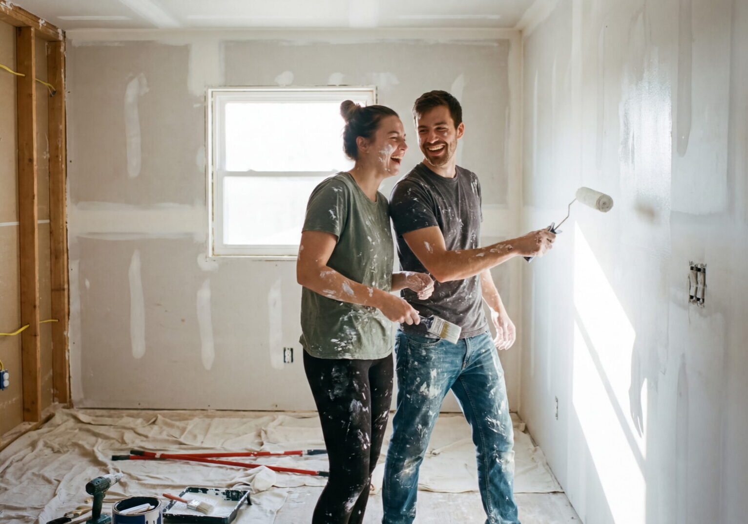 Smiling couple renovating an unfinished room, holding a paint roller amid exposed studs, drop cloths, and bright sunlight; upbeat mood.