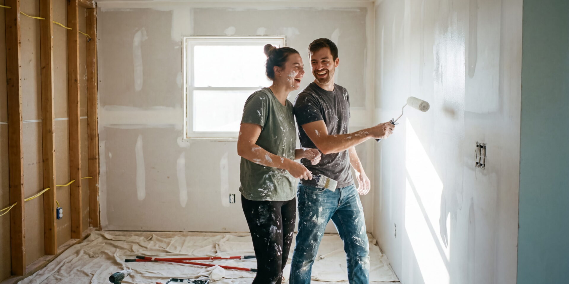 Smiling couple renovating an unfinished room, holding a paint roller amid exposed studs, drop cloths, and bright sunlight; upbeat mood.