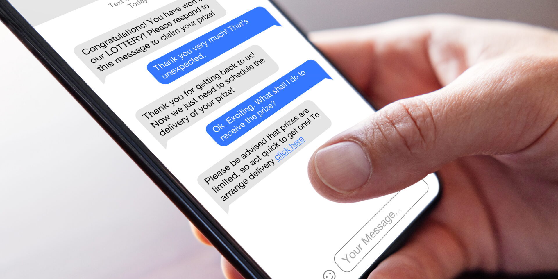 iPhone text messages, focusing on an example of a phishing scam.