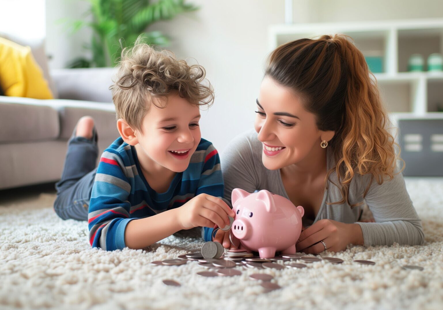 AdobeStock 959741750 Min A woman and a child happily play together with a piggy bank, surrounded by colorful toys, saving for a youth certificate.