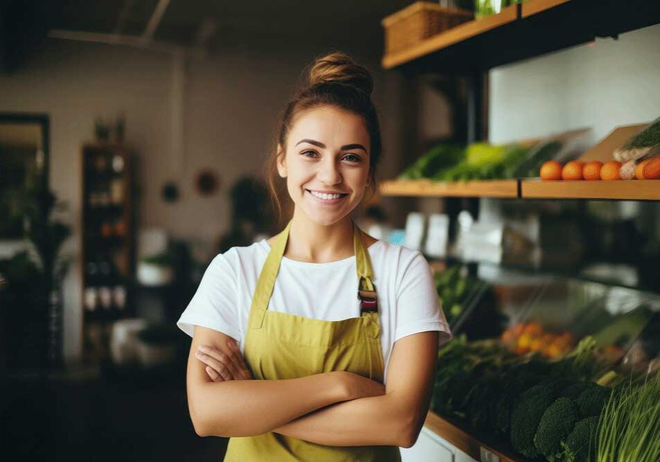 Female-owner-local-business-vegetables Smiling woman in green apron at produce aisle.