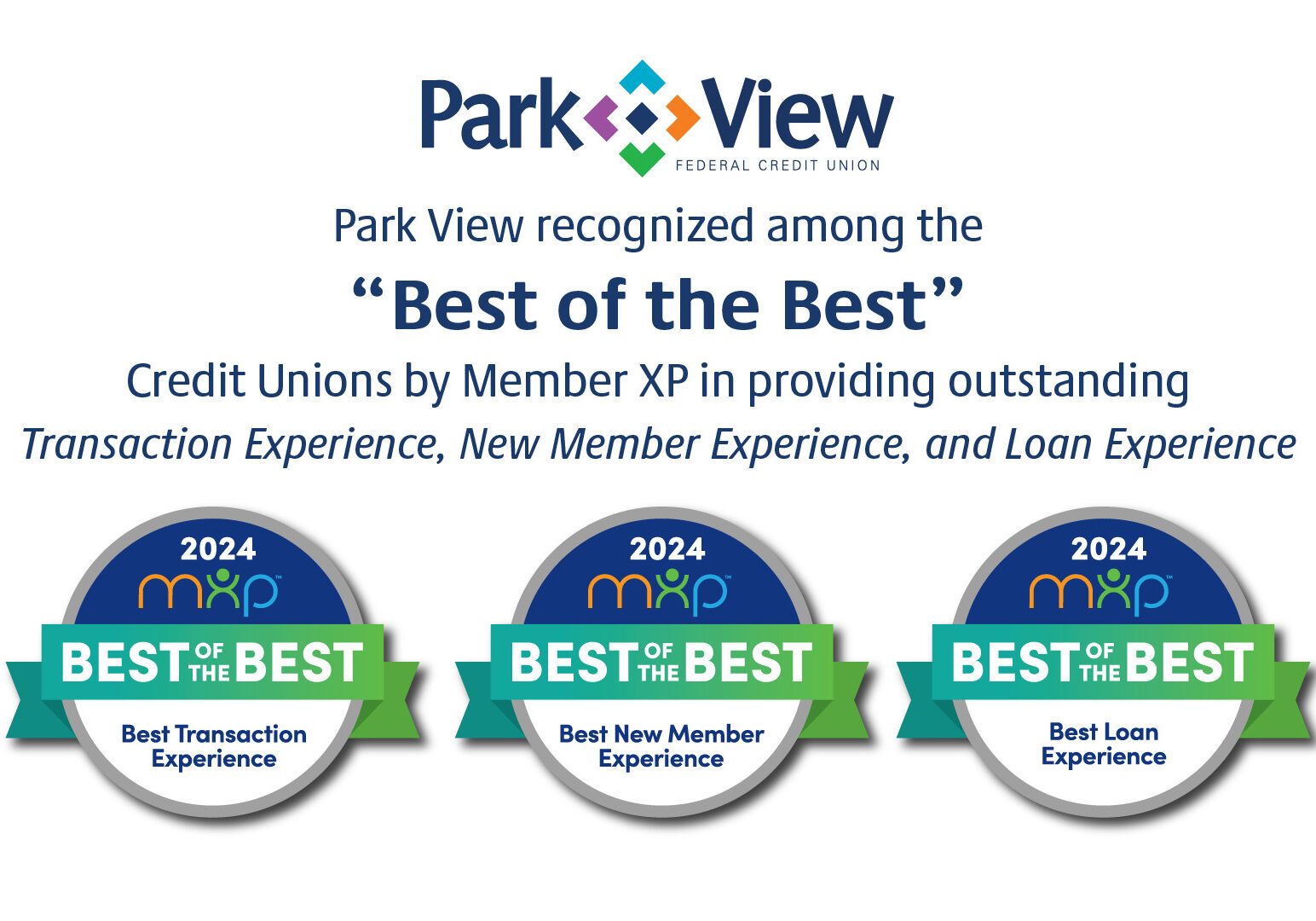 Park View recognized as Best of the Best by Member XP and CU Solutions in providing the best Transaction Experience, New Member Experience, and Loan Experience
