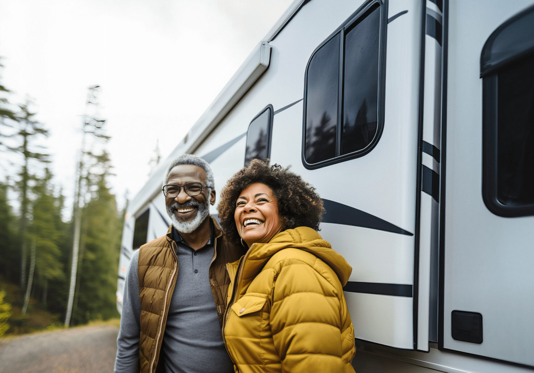 A happy couple stands in front of their RV, showcasing joy and adventure, symbolizing the benefits of a recreational loan.
