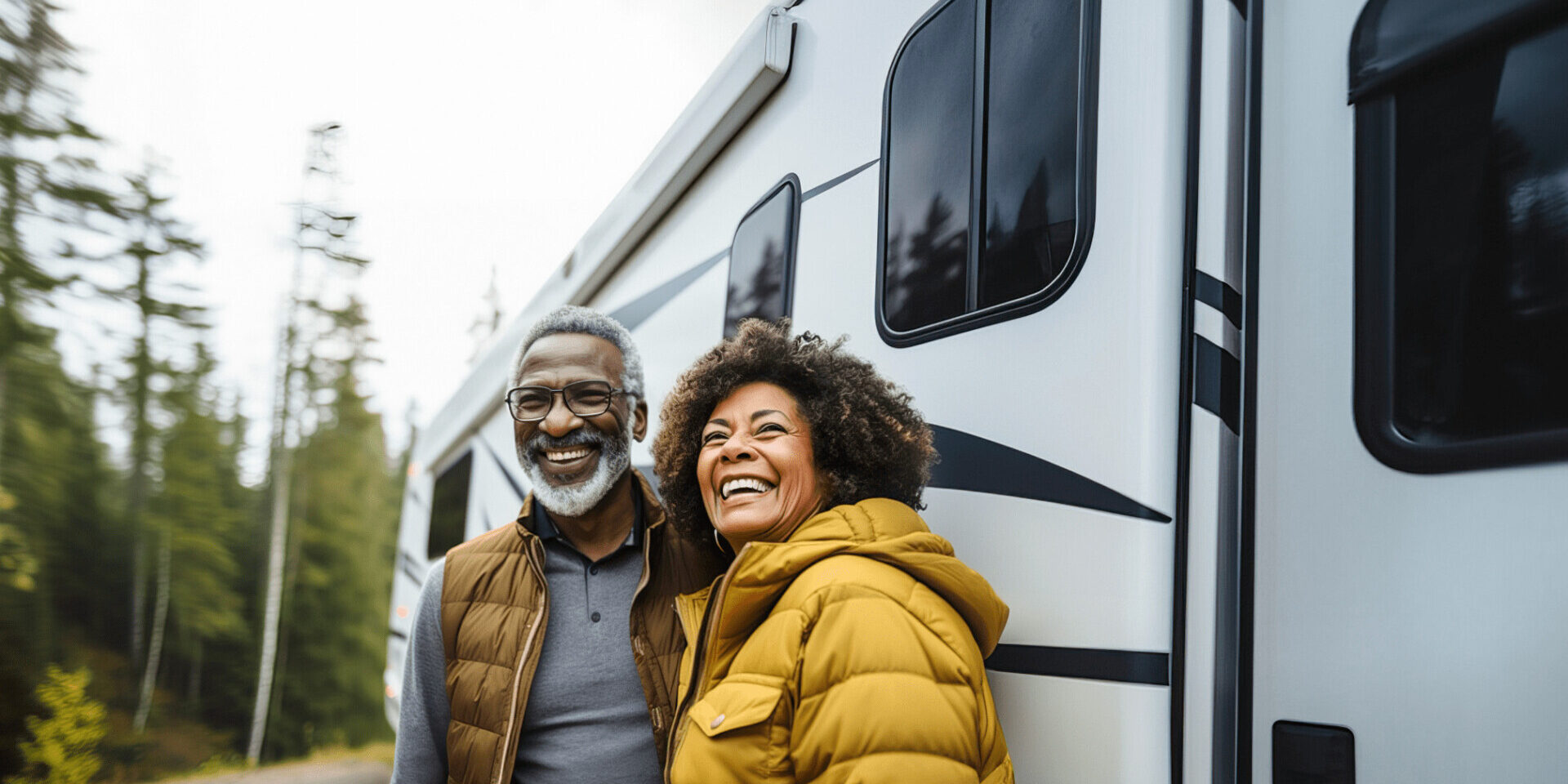 A happy couple stands in front of their RV, showcasing joy and adventure, symbolizing the benefits of a recreational loan.