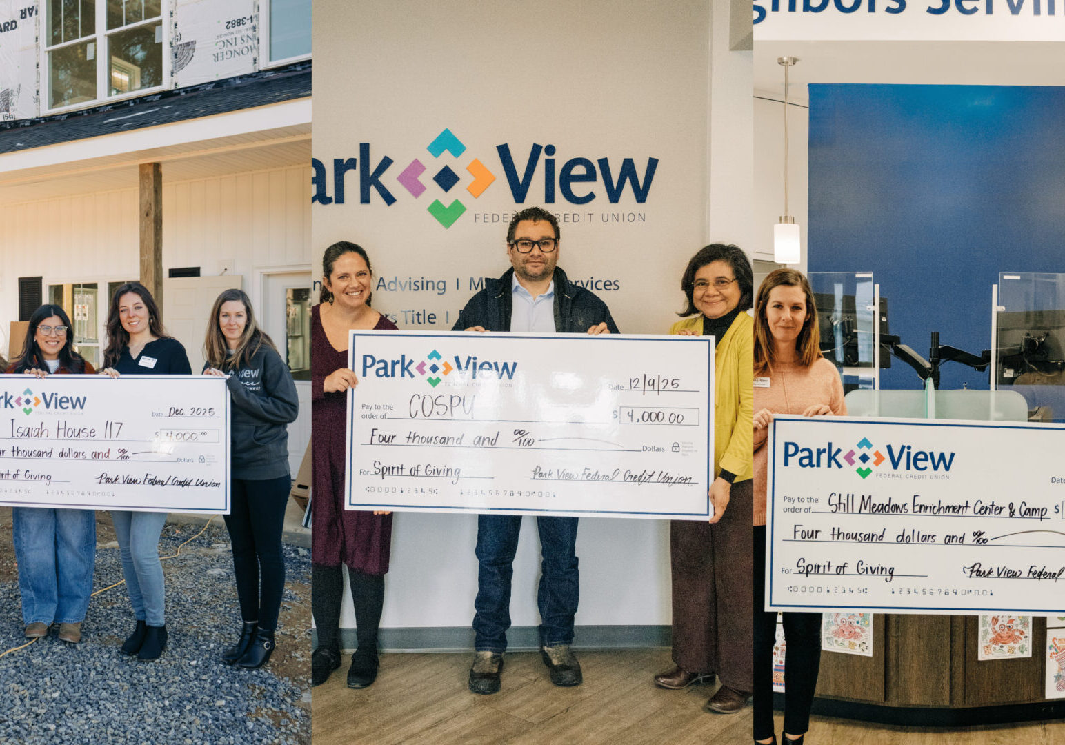 A collage of 3 pictures with employees from Park View holding checks.