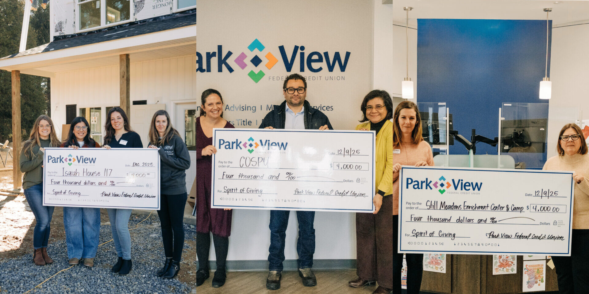 A collage of 3 pictures with employees from Park View holding checks.