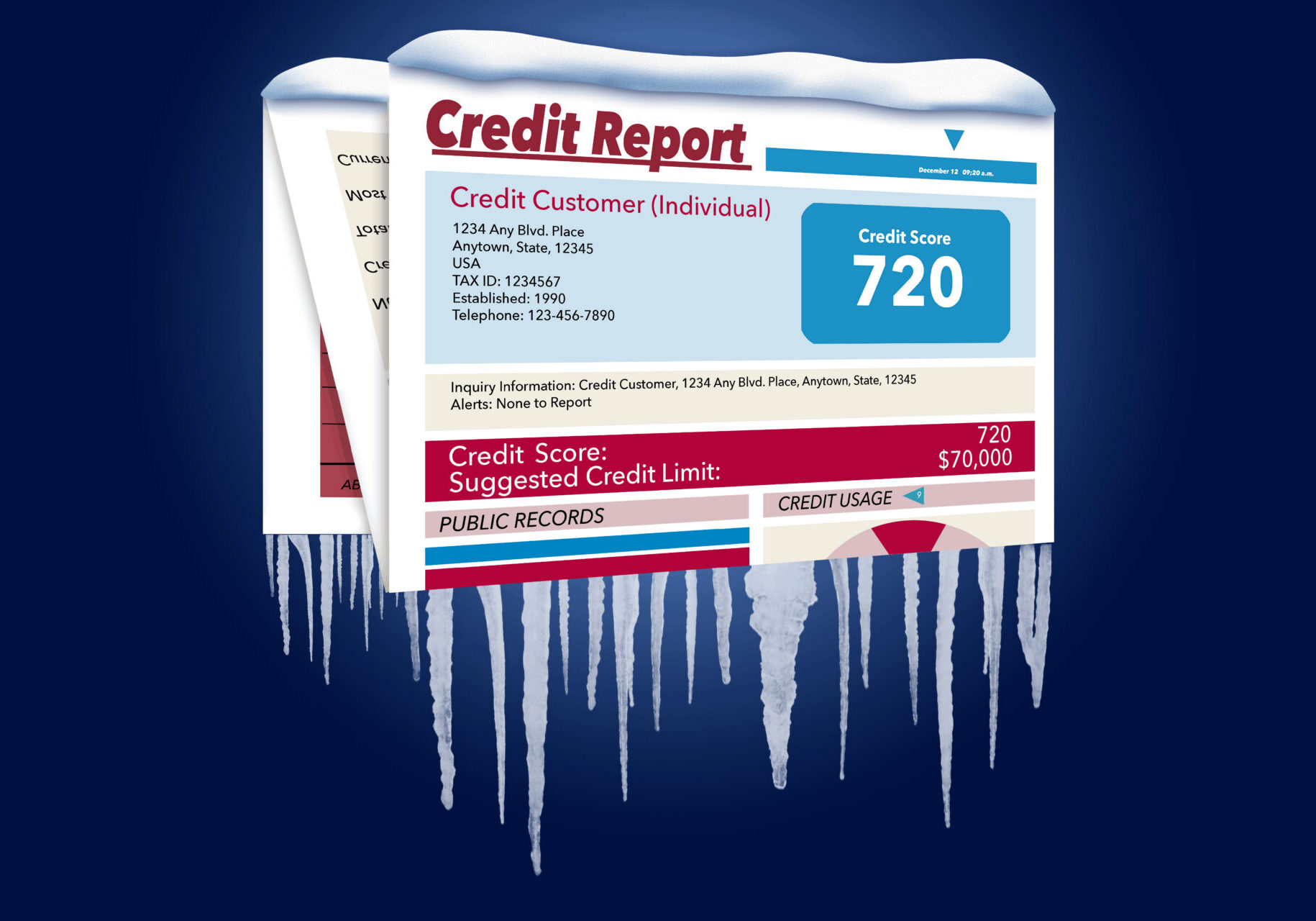 An icy, snow covered credit report in a snowstorm illustrates the idea of freezing your credit report. This is a credit freeze