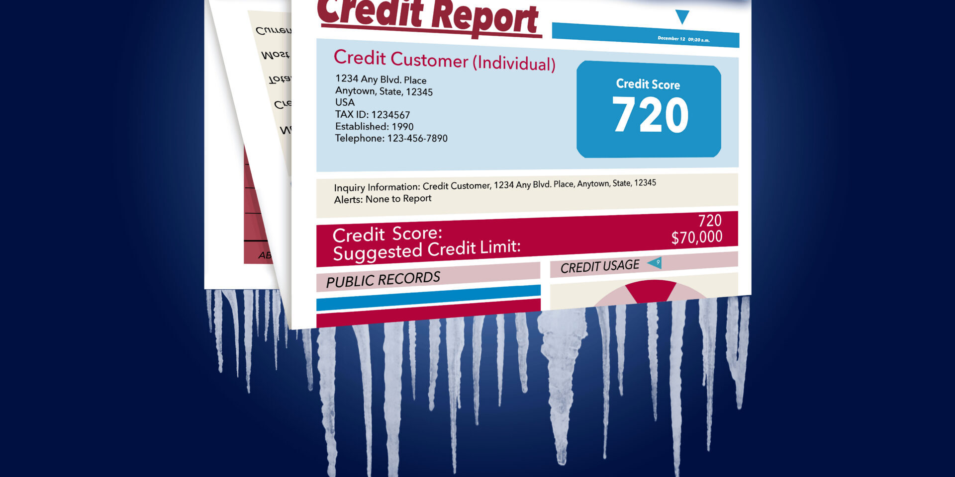 An icy, snow covered credit report in a snowstorm illustrates the idea of freezing your credit report. This is a credit freeze
