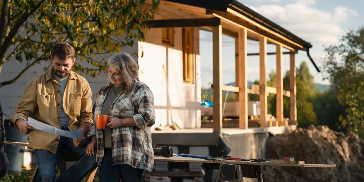 A man and woman stand together in front of a house, discussing home equity line of credit options.