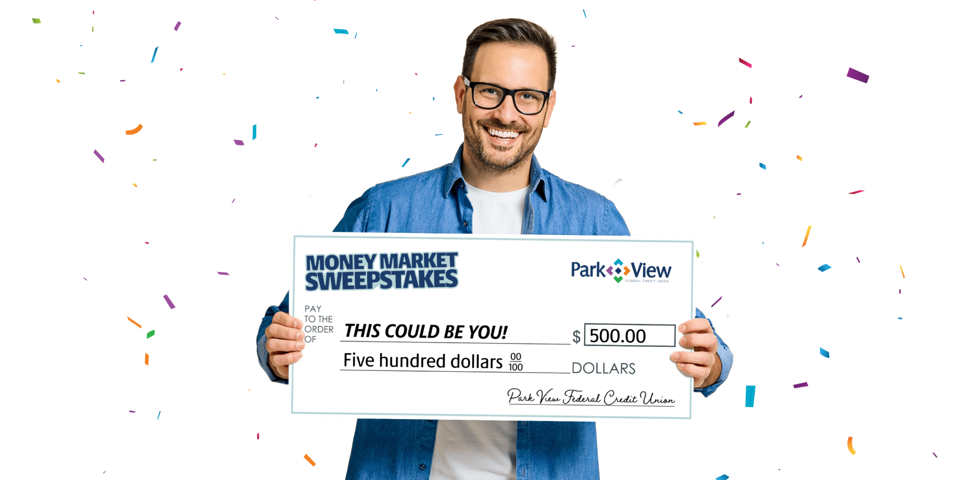 A man joyfully holds a check as colorful confetti falls around him, celebrating a money market account sweepstakes entry.