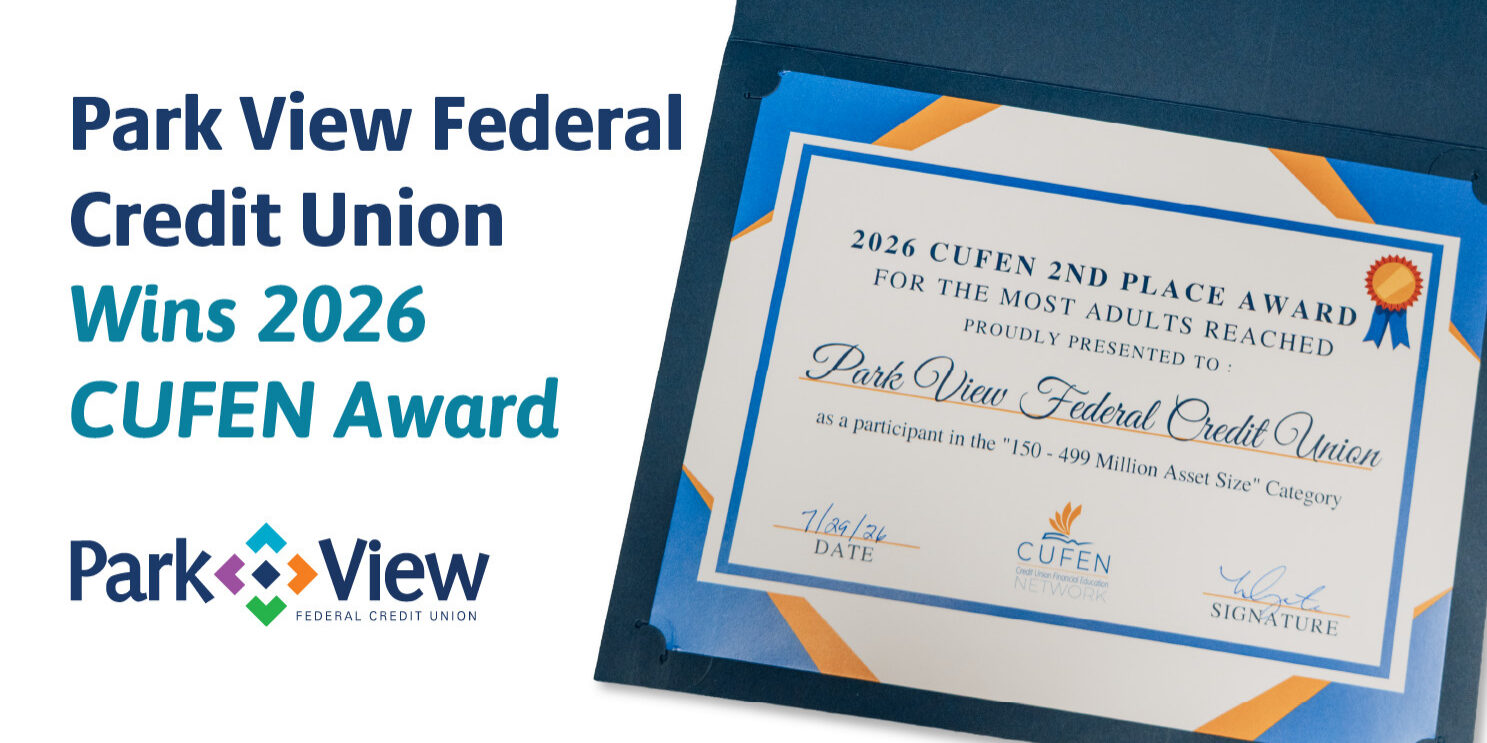 Graphic announces Park View Federal Credit Union winning the 2026 CUFEN Award, alongside a framed second-place award certificate.