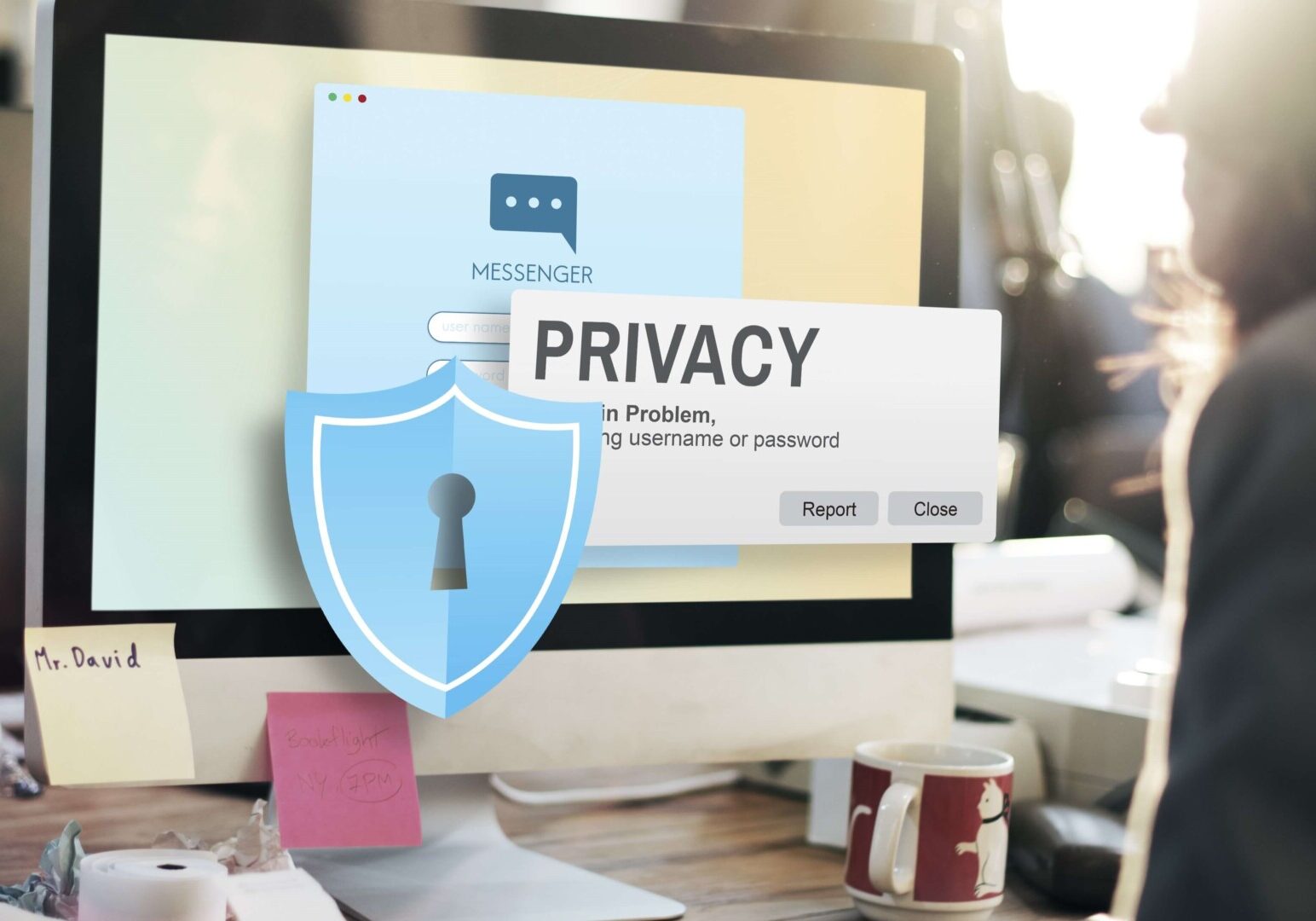 A woman sits at a laptop typing with a lock symbol on the screen, representing online privacy protection.